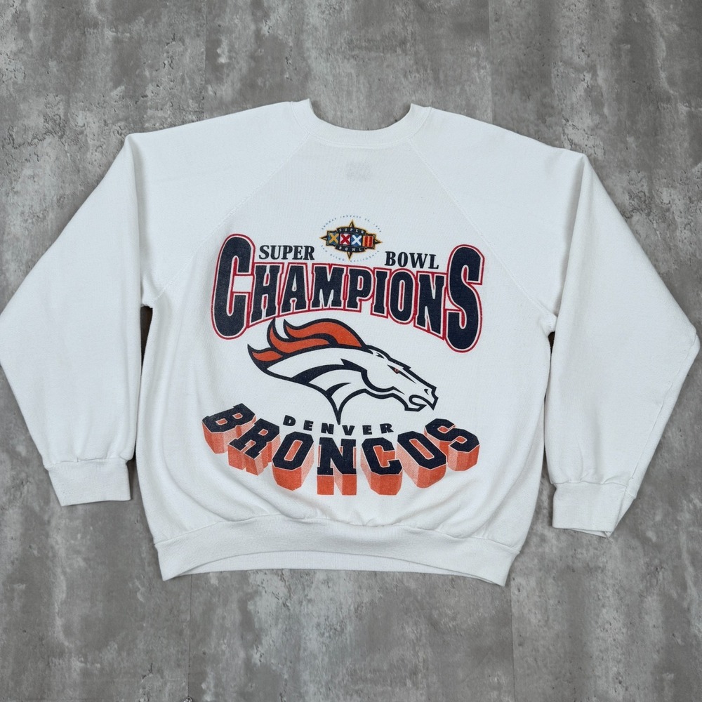 Vintage Denver Broncos Sweatshirt Mens Large White Super Bowl Champs NFL USA 90s